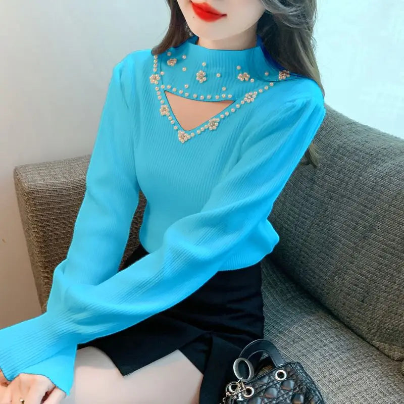Autumn Winter Fashion Embroidered Flares Solid Color Half Height Collar Pullovers Ladies Fashionable Hollow Out Knitting Sweater