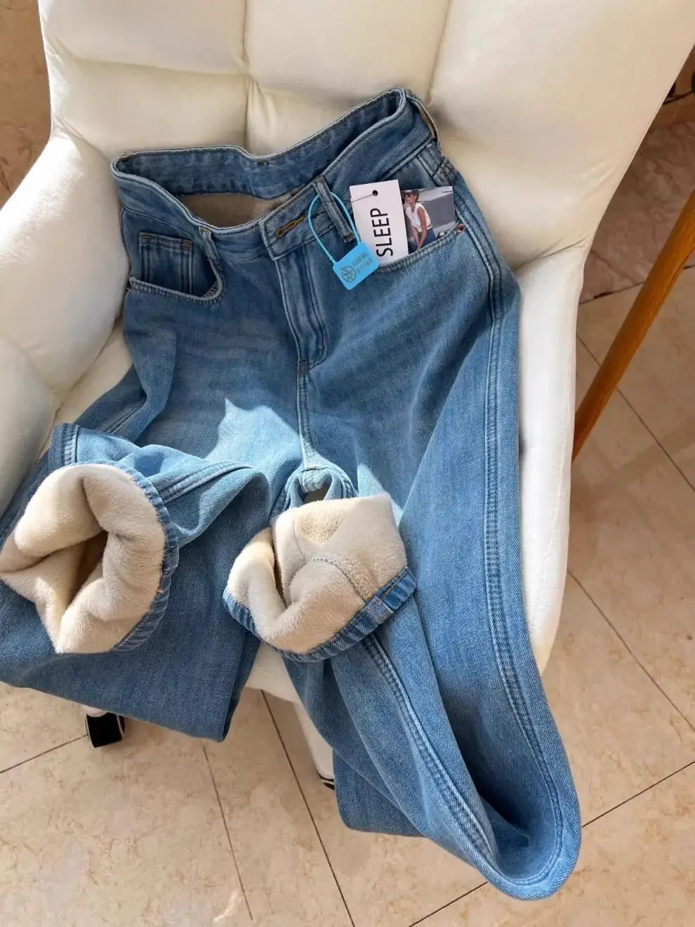 Thickened Fleece High Waist Straight Leg Jeans Women Winter New Style Loose Slim Wide Leg Pants Floor-Length Trousers