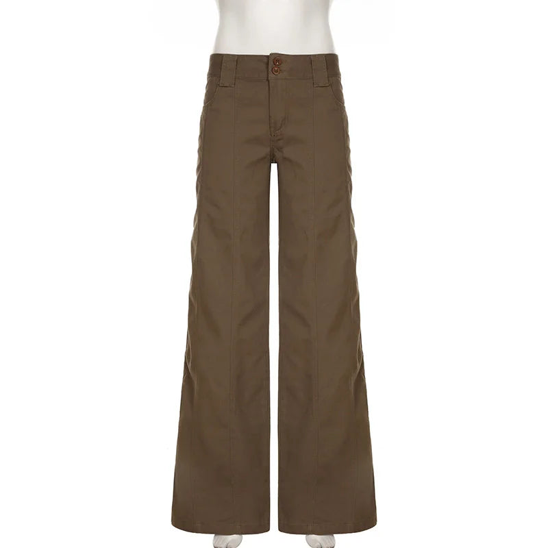 Brown Wide Leg Women's Jeans Y2K Grunge Style Low Rise Baggy Denim Pants Vintage Retro Casual Streetwear Korean Fashion Trousers