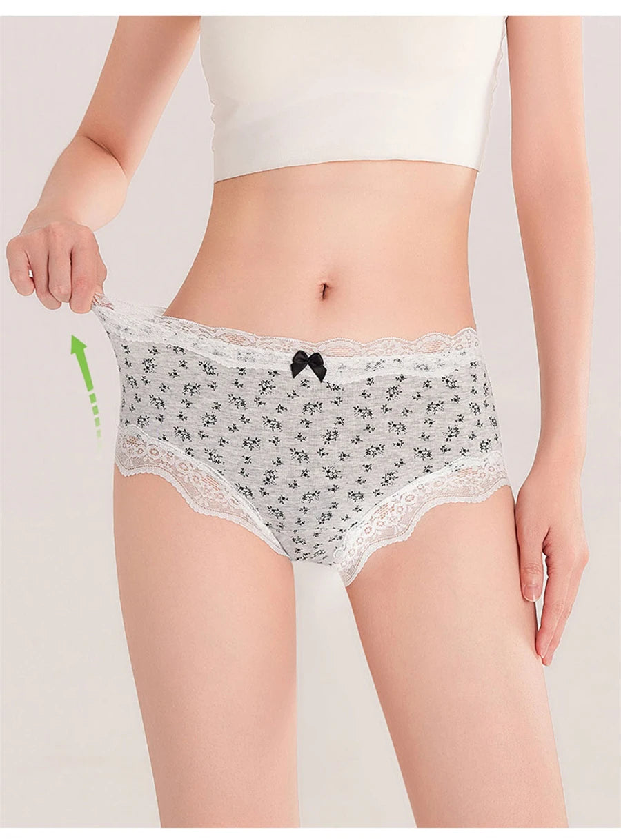 3Pcs Floral Cotton Crotch Panties Women's Underwear Cute Bow Brief Mid Waist Breathable Sexy Lace Female Lingerie Panties