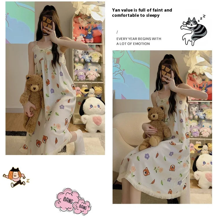 With Chest Cushion Halter Nightgown Female Summer Floral Breathable Thin Section of the Princess Style Loose Knee-Length Pajamas