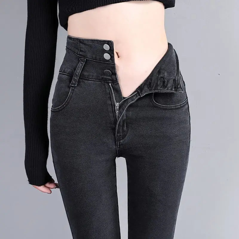 Trendyol Fashion High Waist Plus Fleece Elastic Jeans Women Clothing 2024 Winter Slim Korean Vintage Distressed Pencil Pants