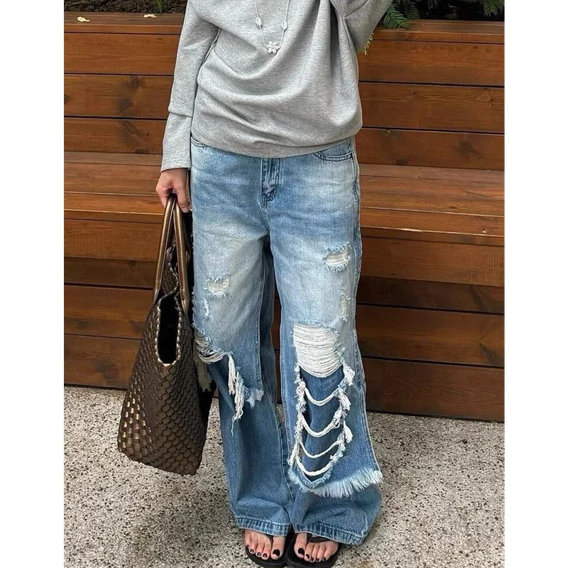 2024 Autumn Trashy Sexy Vintage Ripped Patchwork Loose Fit Jeans Y2K Wide Leg Pants Women's Baggy Hollow Out Denim Trouser