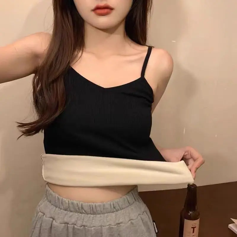 2PCS Women Winter Warm Underwear T-shirt Set Solid Color Thermal Casual Nightwear Sexy Elasticity Thin  Velvet Sleeveless Tops