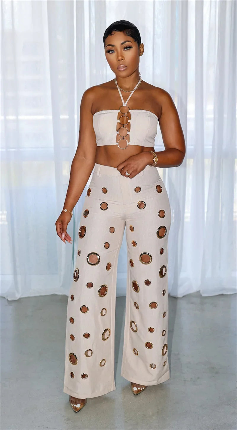 Sexy Night Party 2 Piece Sets Women Outfit Clubwear Festival Clothing Halter Strapless Crop Top and Hollow Out Wide Leg Pants