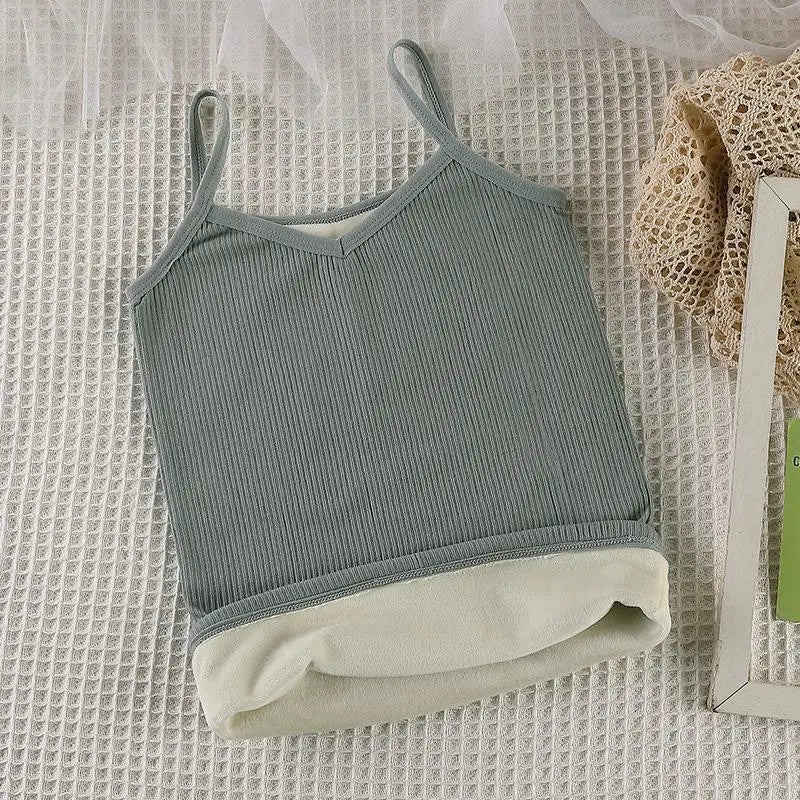 2PCS Women Winter Warm Underwear T-shirt Set Solid Color Thermal Casual Nightwear Sexy Elasticity Thin  Velvet Sleeveless Tops