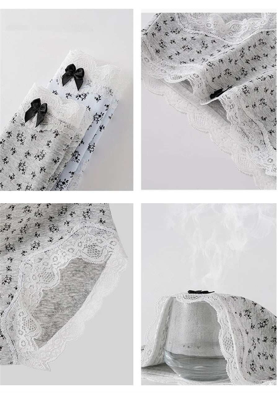 3Pcs Floral Cotton Crotch Panties Women's Underwear Cute Bow Brief Mid Waist Breathable Sexy Lace Female Lingerie Panties