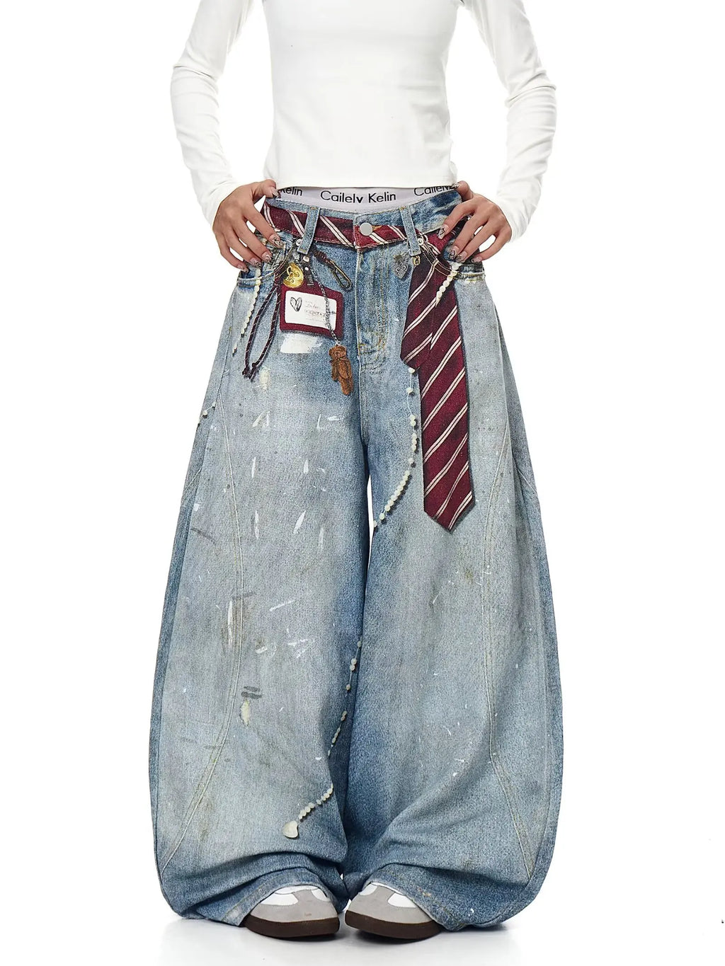 3D printed American retro straight leg wide leg jeans washed and worn high street jeans for women loose fitting Harajuku fashion