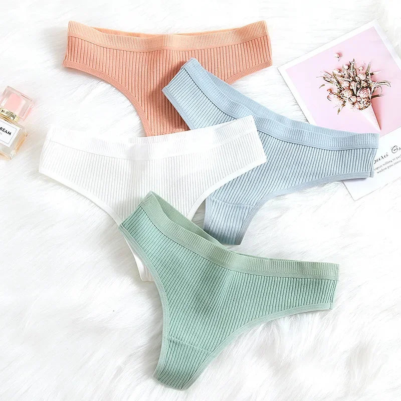 Women's Panties Seamless Ribbed Thongs Low Waist Underpants Comfortable Cotton G-strings Solid Color Underwear Female Lingerie
