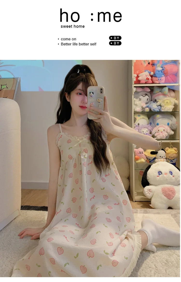 With Chest Cushion Halter Nightgown Female Summer Floral Breathable Thin Section of the Princess Style Loose Knee-Length Pajamas