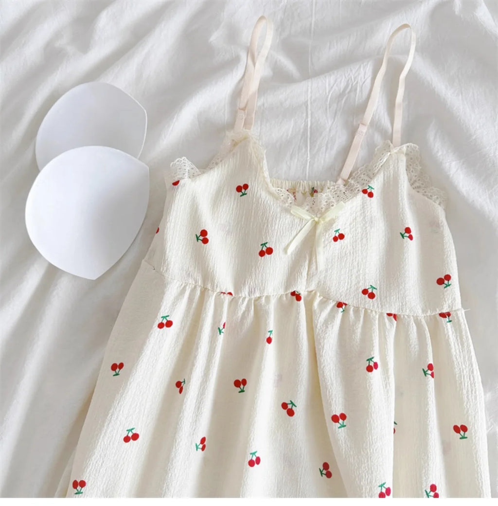 With Chest Cushion Halter Nightgown Female Summer Floral Breathable Thin Section of the Princess Style Loose Knee-Length Pajamas