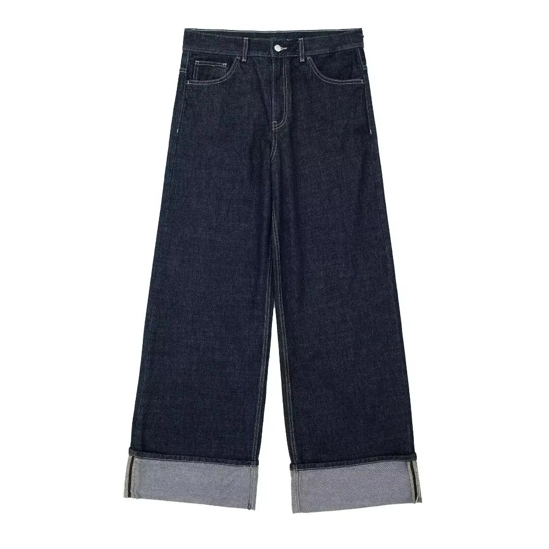 HH Women's High-Waisted Jeans Slim Trailing Trousers Rolled Leg Denim Pant Fashion Lady High Street Casual Wide-Leg Jeans
