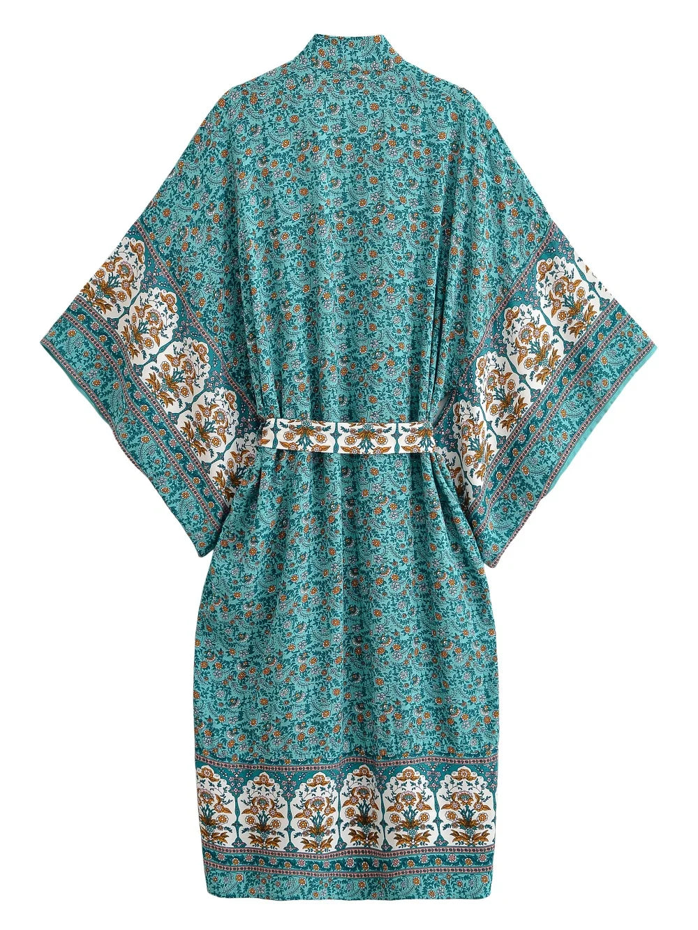 Happie Queens Women  Floral Print Sashes  Bohemian Kimono Ladies V Neck Batwing Sleeves Boho Maxi Dress Robe Bikini Cover-ups