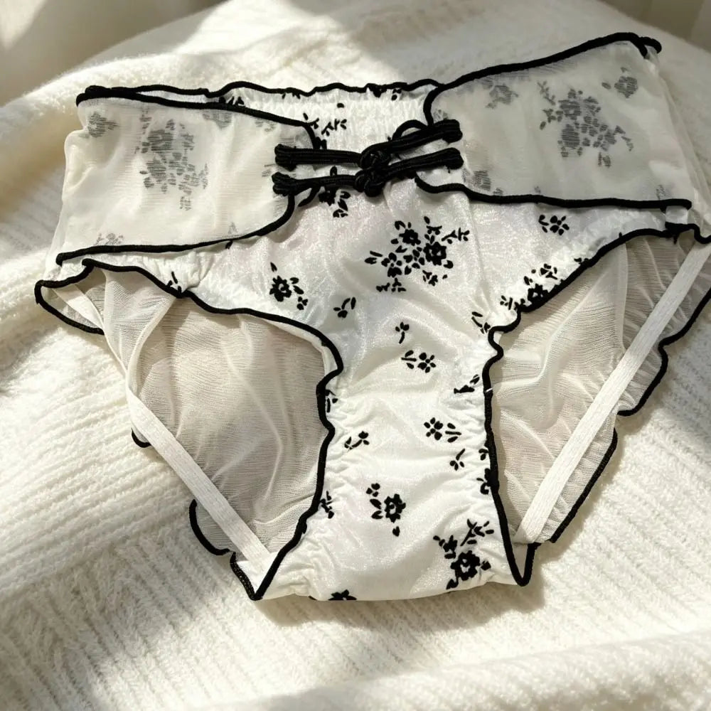Lingerie Low Waist Women Underwear Ruffle Mesh Chinese Style Briefs Buckle Design Transparent Ice Silk Panties Retro Style