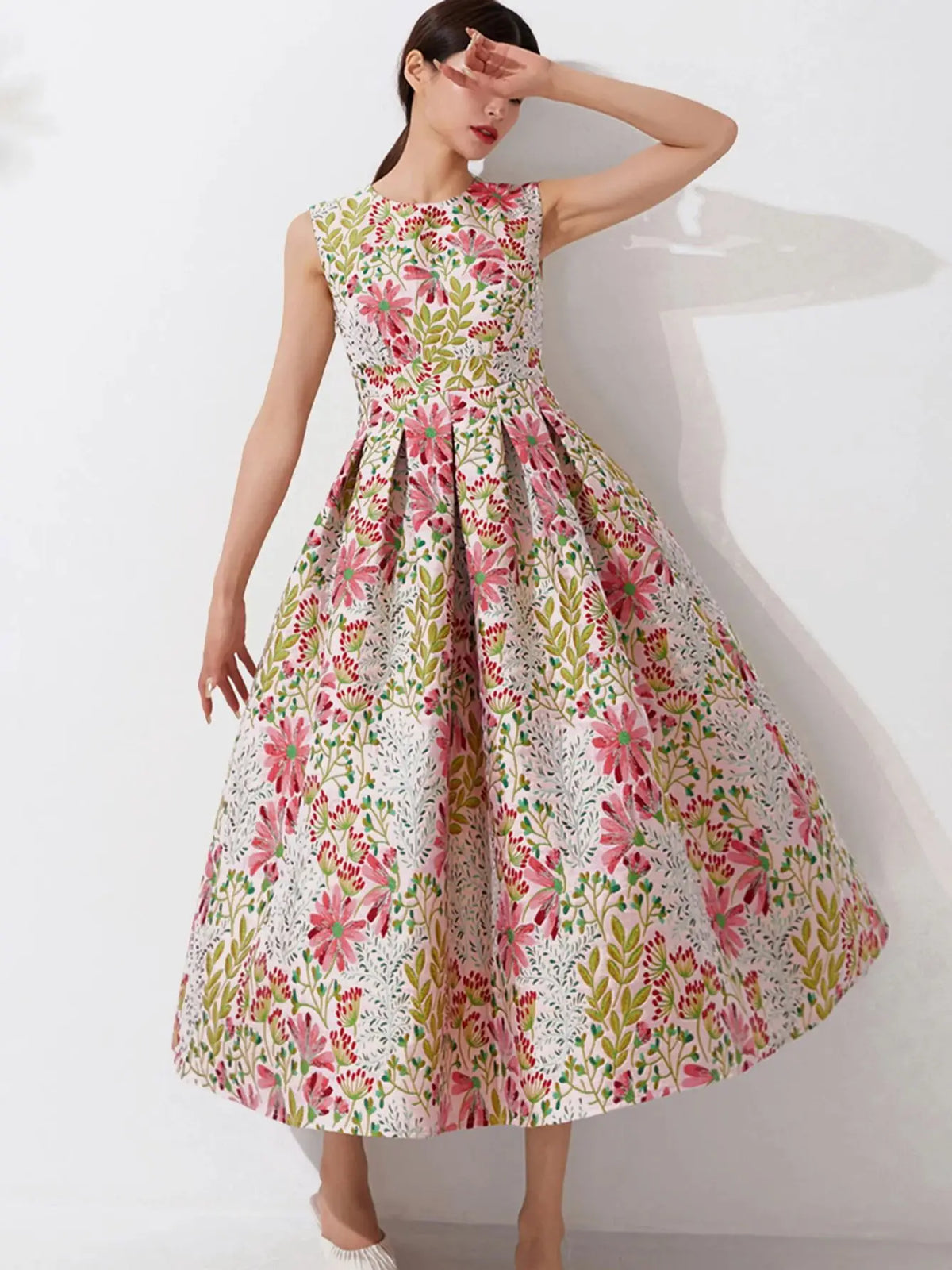 DEVCHATA Women's Casual Summer Sleeveless Jacquard Maxi Dress Floral Party Evening Elegant Dresses for Women
