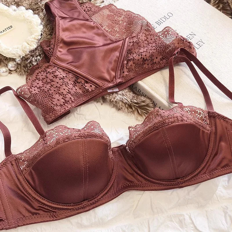Lace Half-Cup Bra and Panty Set for Small Busts, With Soft Underwire to Gather and Lift, And a Sexy, Lightweight Bra Set.