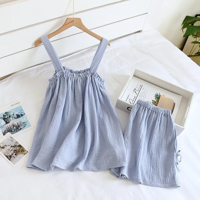 Fdfklak Pijamas Sexy Mujer Summer Sleeveless Gauze Cotton Women's 2 Piece Set Pyjamas Elegant New Soft Home Nightwear