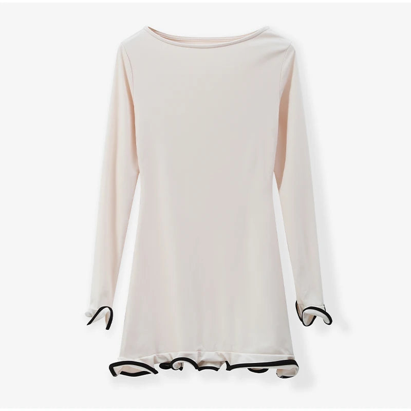 Women Solid Color Ruffles Hem Mini Dress Elegant O Neck Long Sleeve Slim Fit Gown Summer Vacation Holiday Party Dress