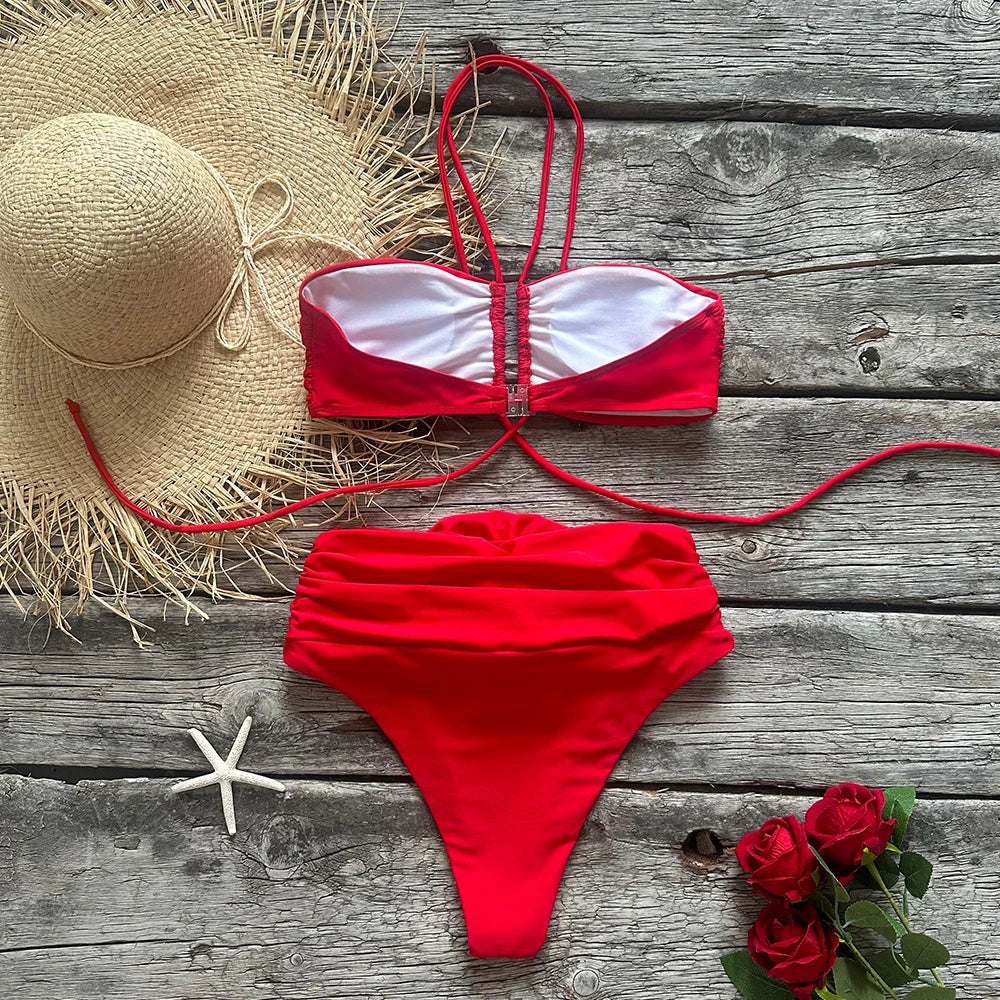 Two-Pieces Women Floral Lace Up 2023 Push-Up Padded Bra Red Bikini Set Swimsuit Swimwear Bathing Suit Beachwear Biquini