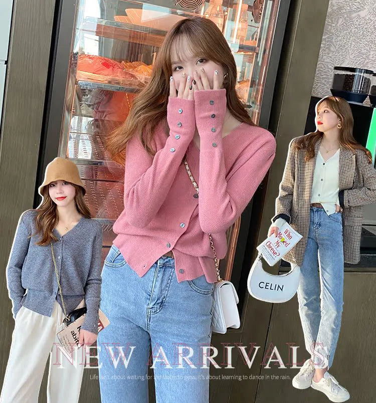 2025 Autumn And Winter Casual Sweater V Neck Women Korean Fashion Tops Long Sleeve Solid Basic Knitted Cardigan Female