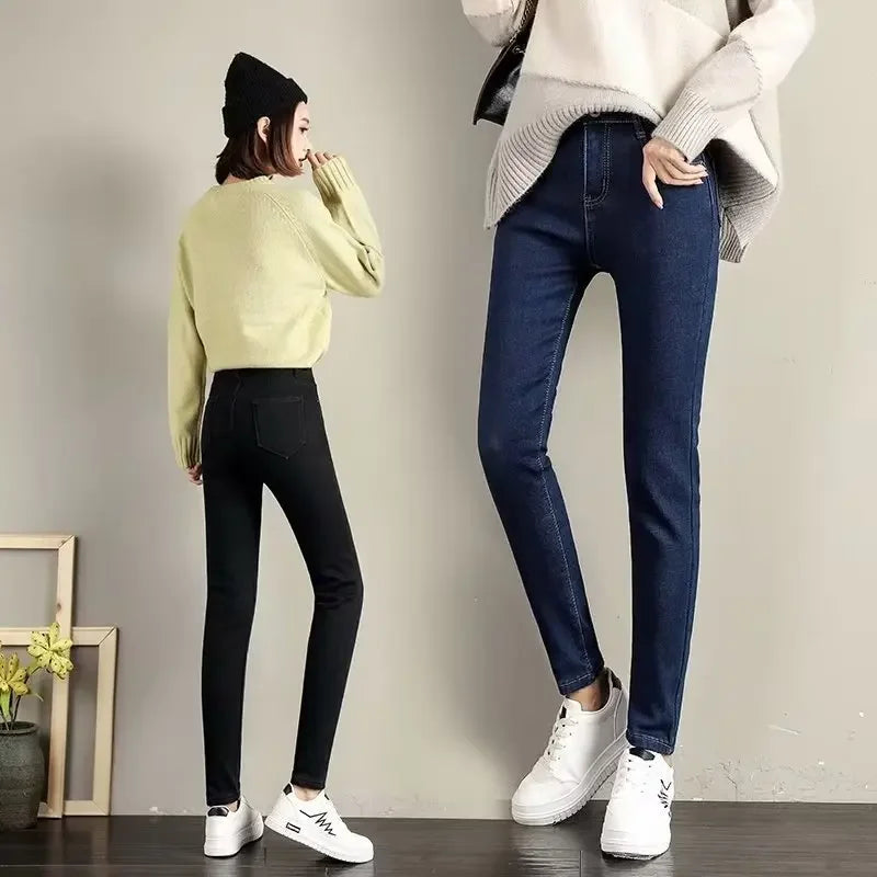 High Waist Fleece Lined Skinny Jeans Women's Autumn Winter New Style Pure Color Slimming Tight Fit Ankle Length Pants