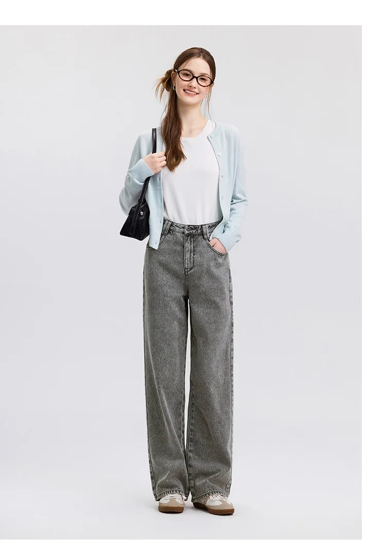 Semir Jeans Women Heightening Pure Cotton Long Trousers Autumn 2024 New Flesh-hiding Wide-leg Trousers