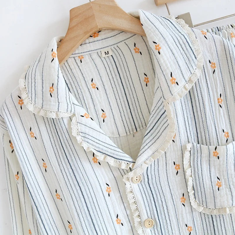 100% Cotton Gauze Women Pajamas 2025 New Spring/Autumn Sleepwear Female 2 Piece Set Nightwear Lady Pyjamas Loungewear