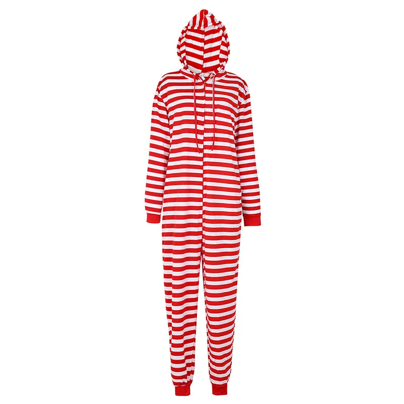 Couple Onesie Plus Size Christmas Pajamas Red and White Striped Onesies for Adults with Zipper Jumpsuit Hooded Sleepwear