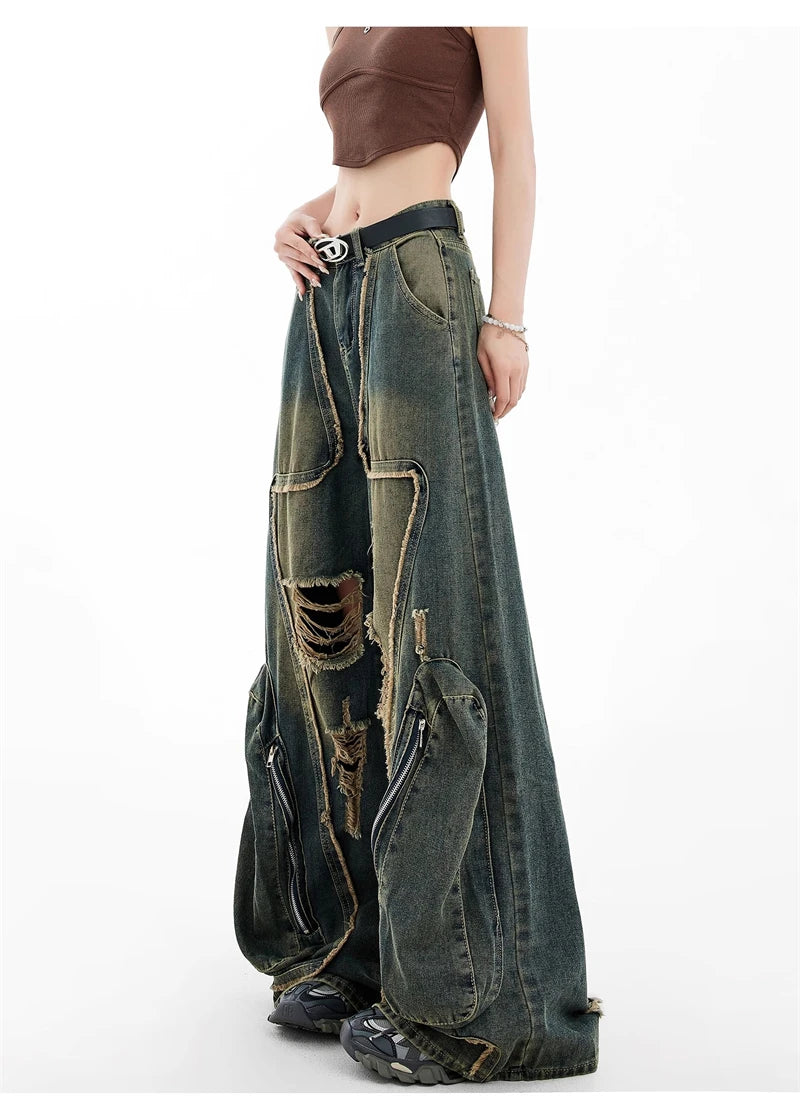 Women Y2k Baggy Cargo Jeans Harajuku Oversize Ripped Denim Trousers Vintage Japanese 2000s Style Jean Pants Trashy Clothes 2024
