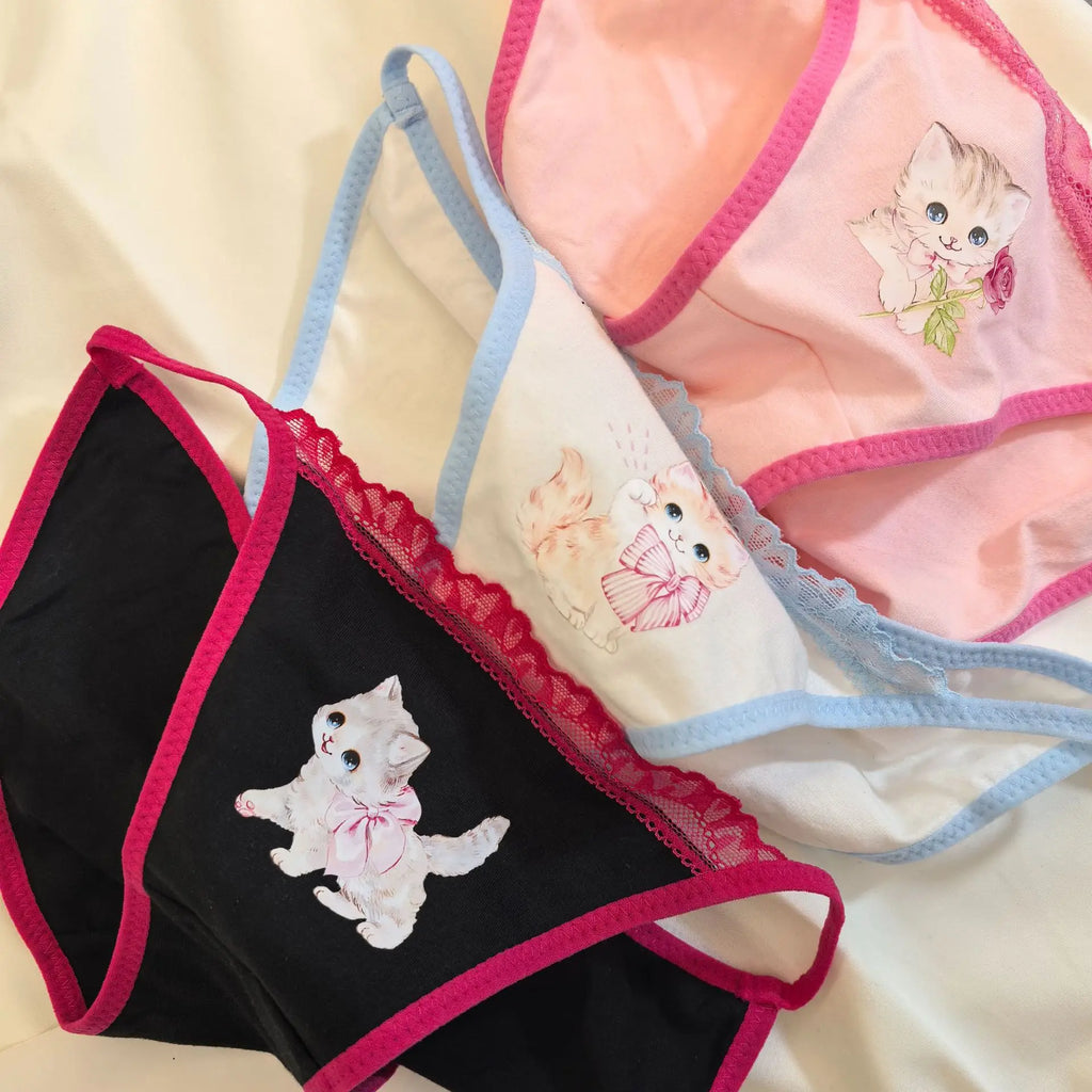 Retro Panties Japanese Sweet Cool Kitten Underwear Female Y2K Lace Girls Panties Cotton Crotch Women's Intimates Briefs Lingerie