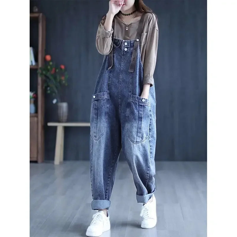 Loose Casual Denim Overalls Women's Wide Leg Pants Harem Jumpsuits Ageless plus Size New 2025 Fashion from Mainland China