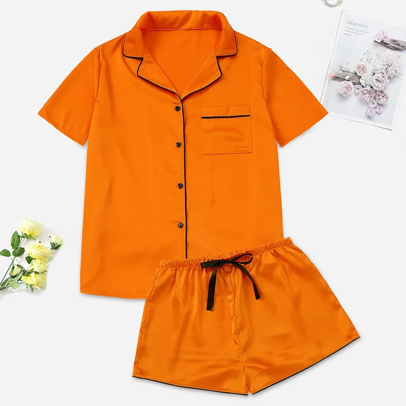 New Female Short Sleeve Shorts Pajamas Set Spring Summer Satin Sleepwer Pijamas Suit Loose Solid Green Home Wear Loungewear