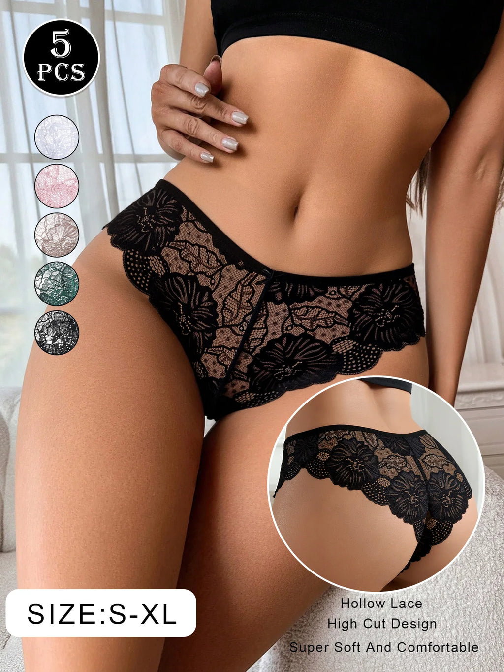 5PCS Women Floral Lace Panties Sexy Perspective Underwear Low Waist Solid Underpants Breathable Intimates Female Lingerie M-XL
