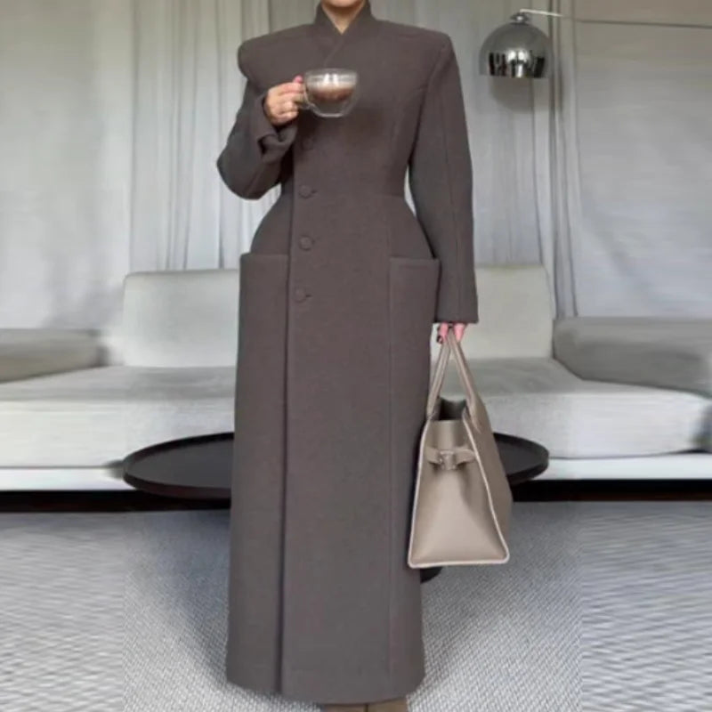 Elegant Stand Collar Long Woolen Coat Women Loose Full Sleeve Single Breast Warm Overcoat 2026 Spring Lady Outwear New