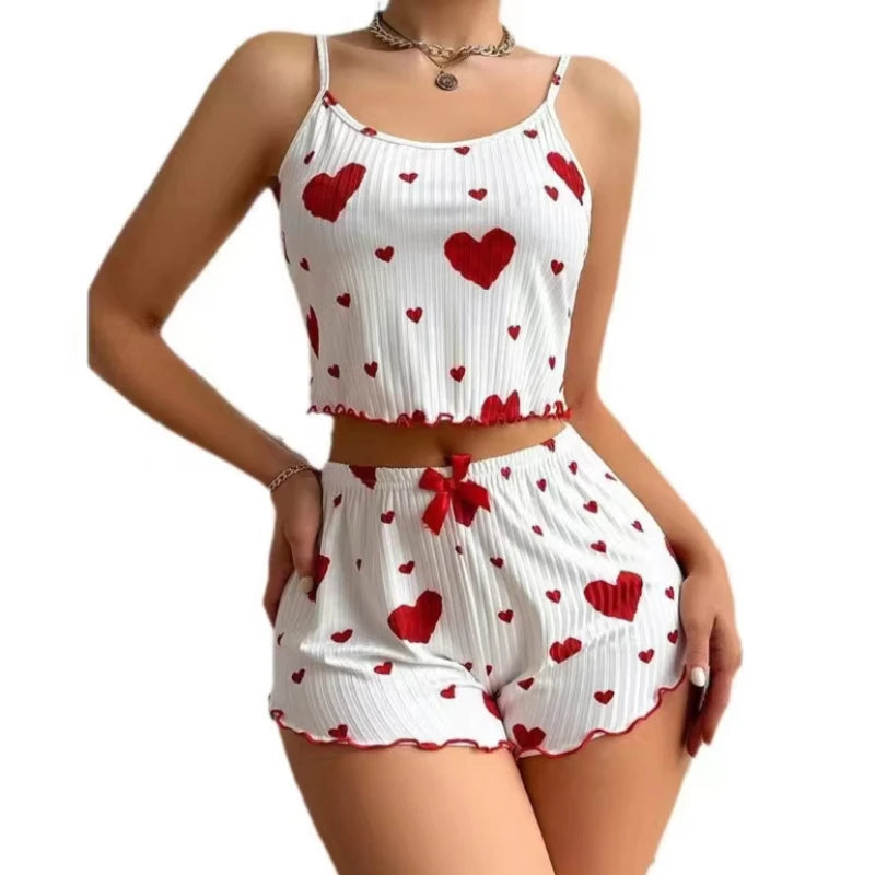 Casual Love Printing Women's Pajamas Set Sleepwear 2 PCS Short Tank Tops and Shorts White Ventilate Soft Homewear Nightwear