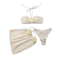3Pcs/Set Women Summer Bikini Set 3D Rose Flower Decor Halter Bandeau Pleated Bra Swimming Trunks Overskirt Set Swimsuit 수영복 세트
