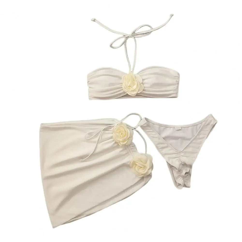 3Pcs/Set Women Summer Bikini Set 3D Rose Flower Decor Halter Bandeau Pleated Bra Swimming Trunks Overskirt Set Swimsuit 수영복 세트
