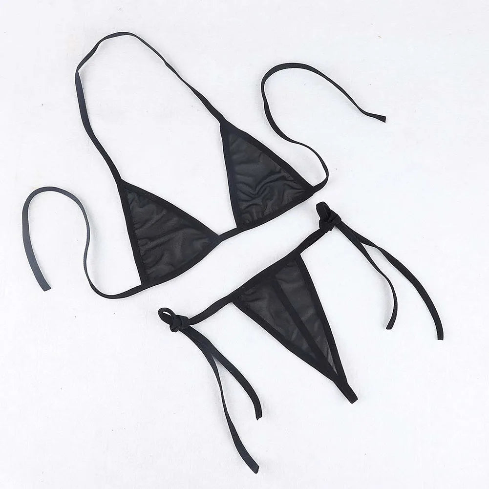 Womens Sexy Lingerie Bikini See ThrougSwimwear 2 Piece Bra With Tie Side Comfortable Thong Solid Color Beachwear Fashion Bustier