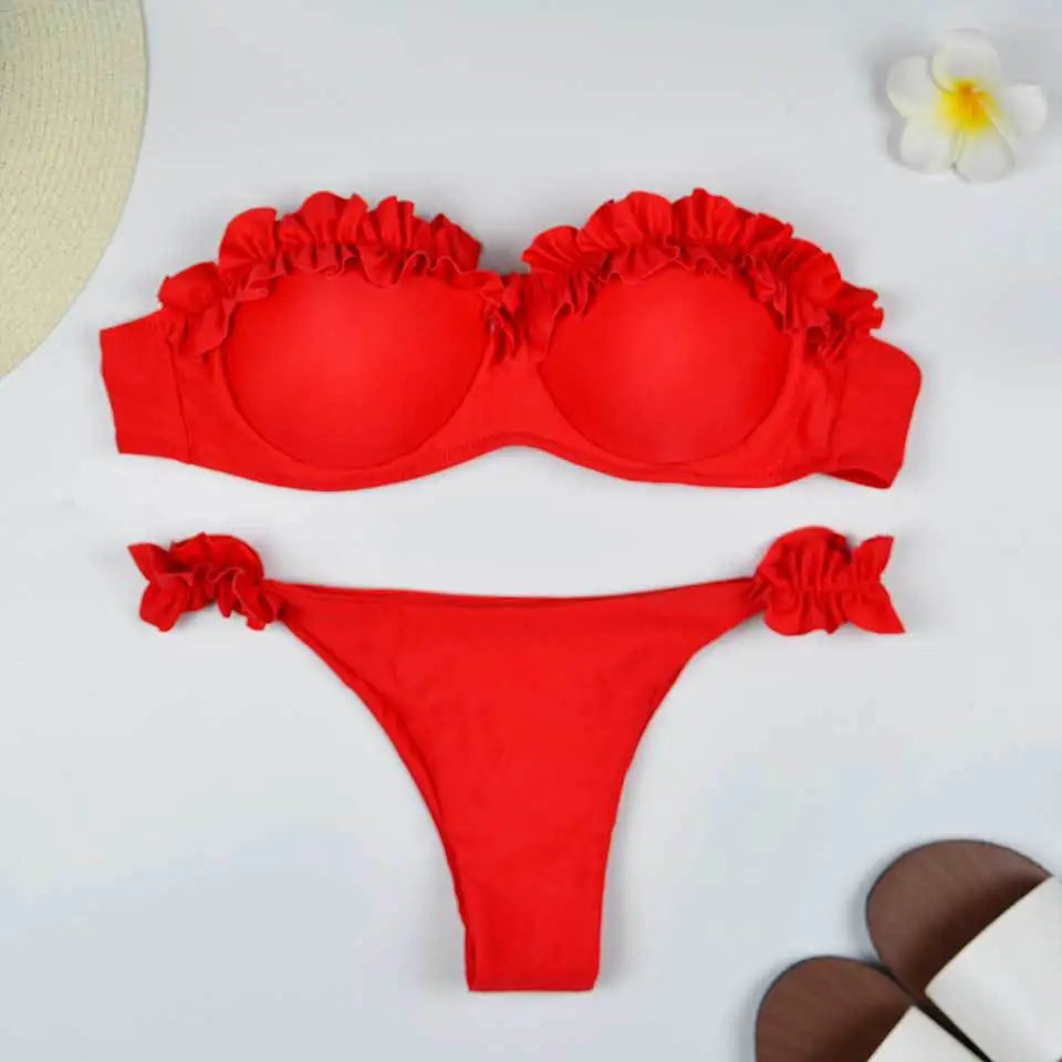 sexy ruffles strapless bikinis sets women leopard print swimsuit two pieces biquini push up bandeau lady swimwear bathing suits