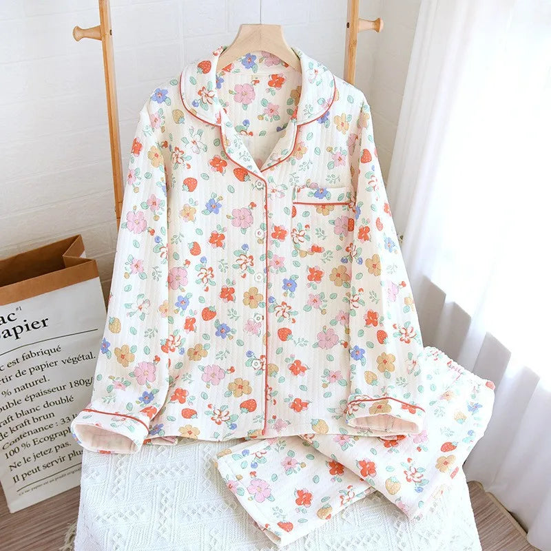 Japanese ladies pajamas set 2026 new autumn and winter air cotton layer thickening long-sleeved cute home clothes pure cotton