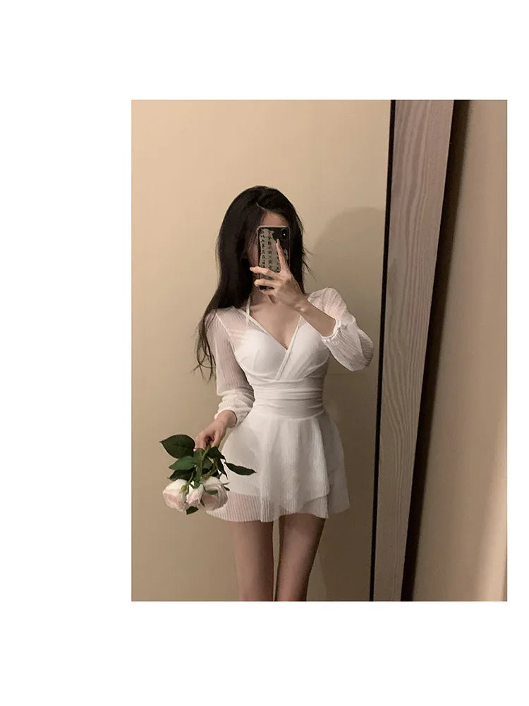Swimsuit Women's One-piece Dress Style Conservative Belly-covering and Slimming Hot Spring Long-sleeved Sun Protection Vacation