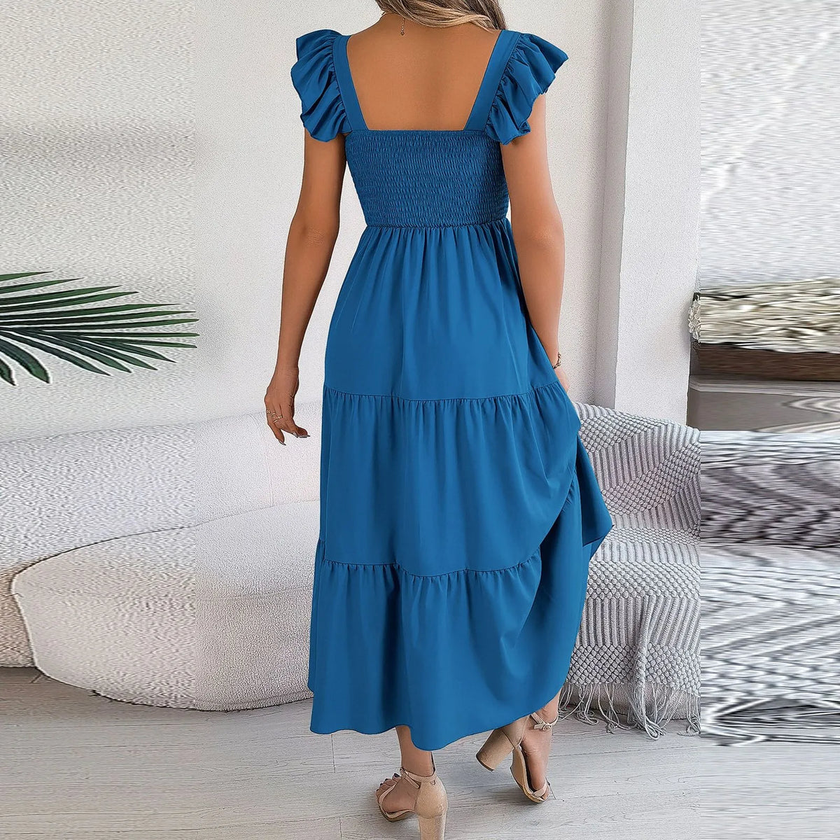 2024 Summer Solid Tank Long Dress For Women Square Collar Sleeveless A-Line Maxi Dress Backless Slim Waist Pleated Beach Dresses