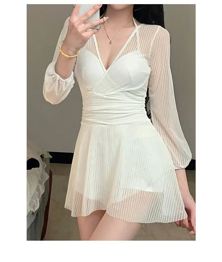 Swimsuit Women's One-piece Dress Style Conservative Belly-covering and Slimming Hot Spring Long-sleeved Sun Protection Vacation