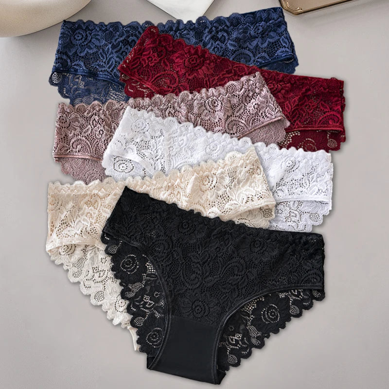 6PCS/Set Middle Waist Hollow Out Floral Lace Cotton Panties Women Briefs Sexy Lingerie Female Underwear Ladies Soft Underpants