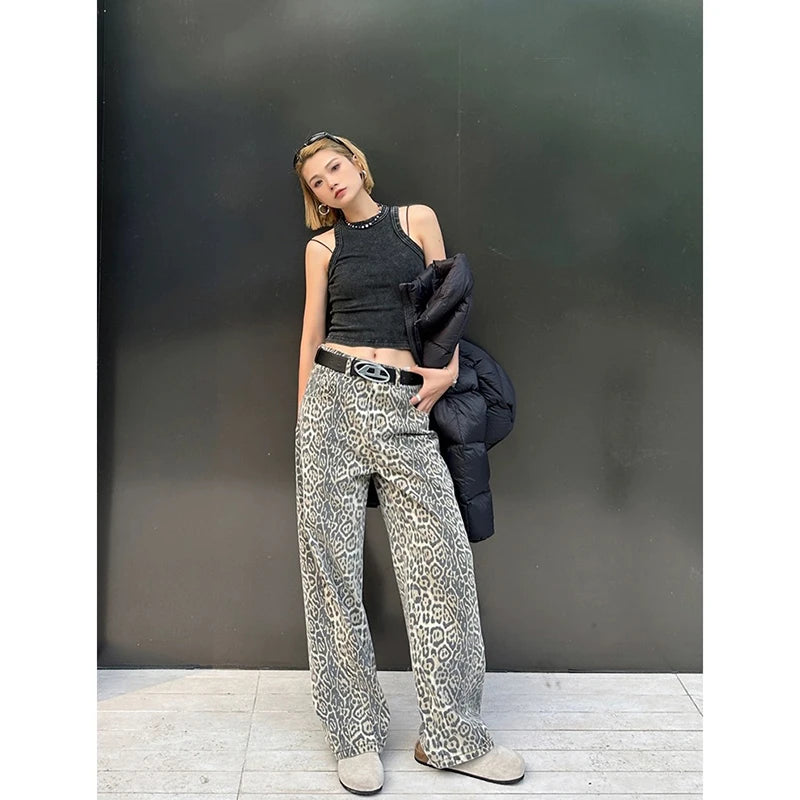 American Retro High Street Casual Overalls Leopard Print Loose Wide Leg Pants For Women Y2k Hip-hop Cargo Grunge Baggy Trousers