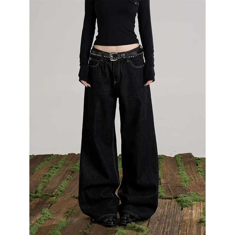 YIBASHU Women Blue Y2k Wide Jeans Letter Print Jean Pants Vintage Harajuku Baggy Grunge Star Denim Trouser Alternative Clothes
