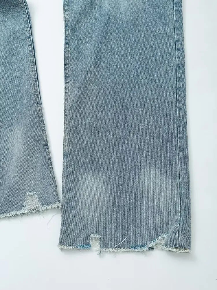 YENKYE New Women Fashion Ripped Wide Leg Jeans Vintage High Waist Pockets Female Denim Pants Autumn Trousers pantalones
