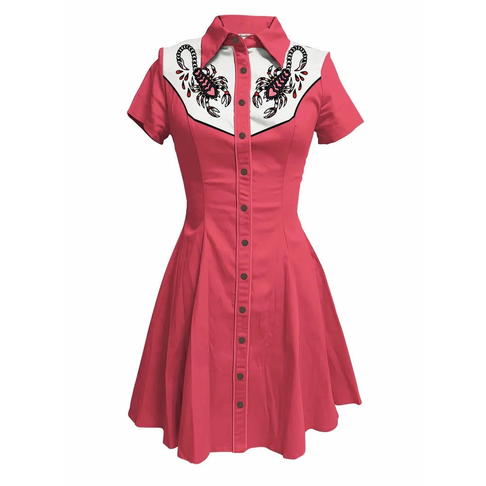 Flowers and Scorpions Printed Western Cowboy Dress for Women Sexy Girly Button-down Dress Short Sleeves 100% Cotton Summer Dress