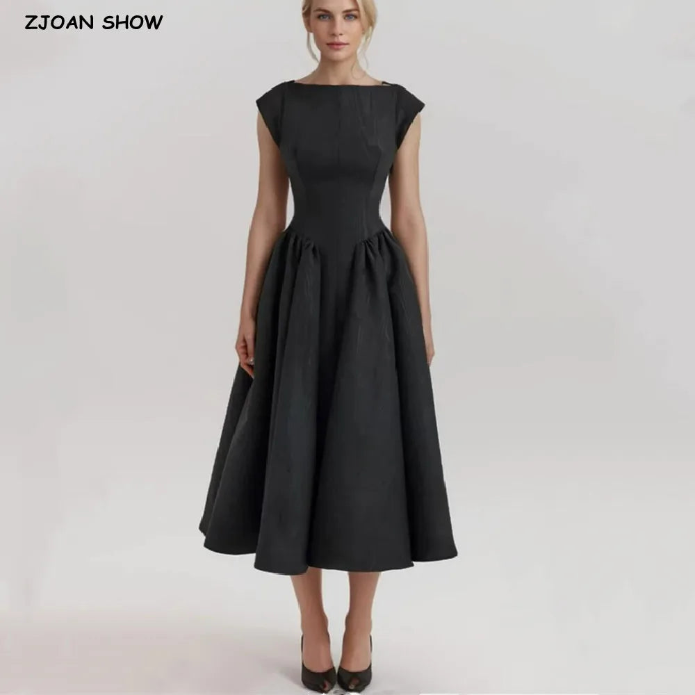 2024 Sexy Slash Collar Short Sleeve Low Waist Midi Dress Women Hollow Out Back Backless Pleated Swing A-line Party Robe Black