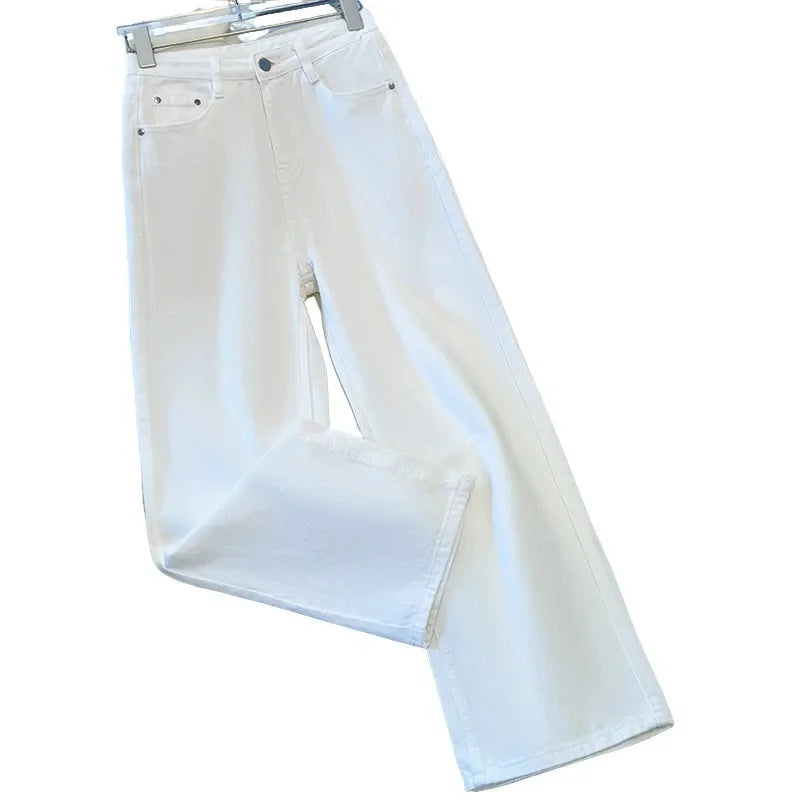 Korean 2026 White Wide-leg Jeans Women's Spring Summer New High Waist Loose Wild Straight Denim Pants Lady Cowboy Trousers